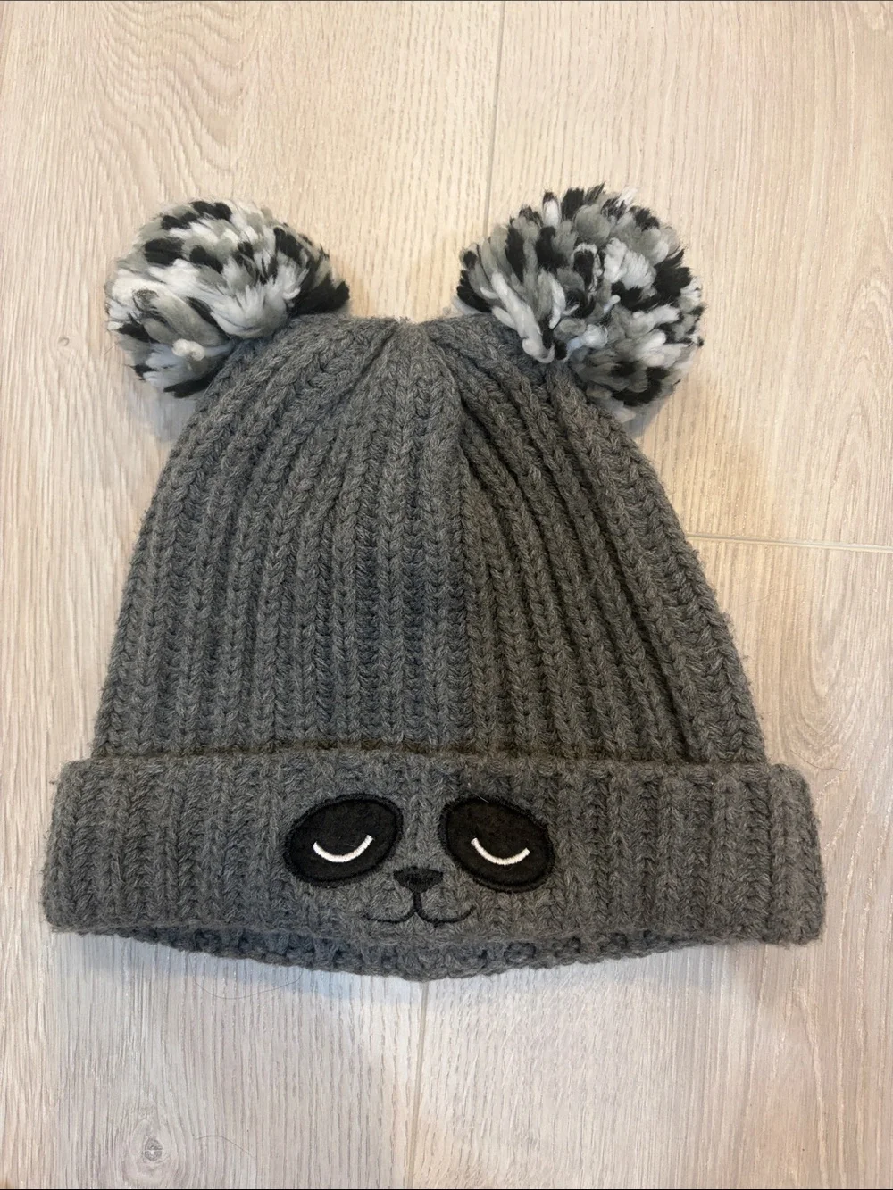 Gray Knit Pom Pom Bear Beanie